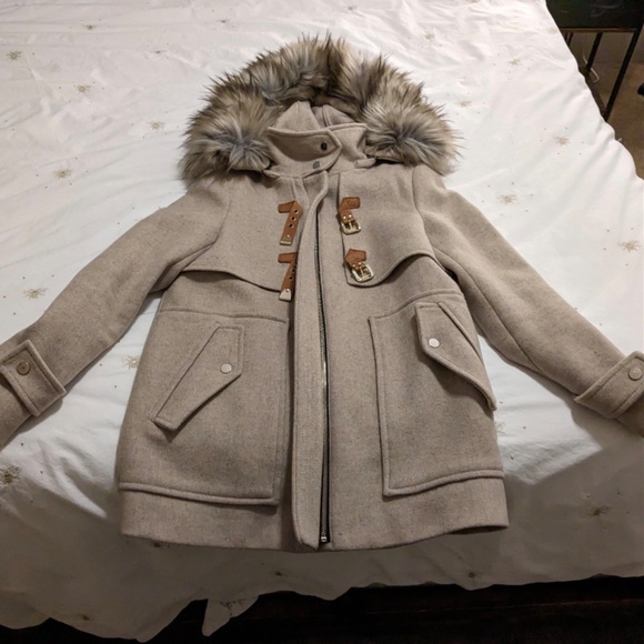 Zara Wool Blend Coat with Faux Fur Hood, Size Small - Picture 6 of 16